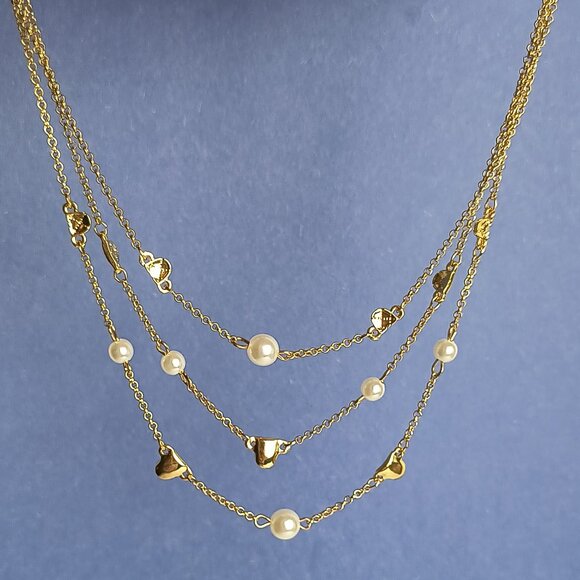 Multi Strand Faux Pearl Gold Tone Layered Necklace Lobster Claw Clasp Casual - Picture 1 of 6